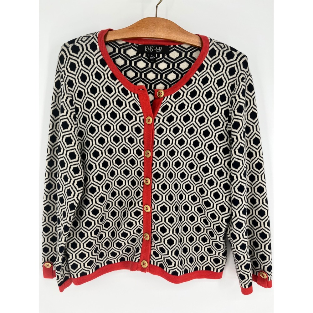 KASPER Cardigan Sweater XL Black White Red Honeycomb Button Up LS Gold Buttons